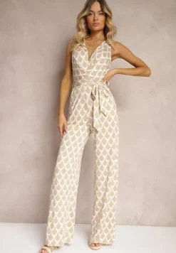 Beżowy Kombinezon o Taliowanym Kroju z Trójkątnym Dekoltem i Paskiem w Talii Geranea