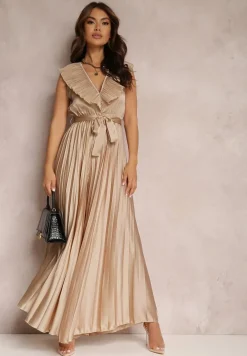 Beżowy Kombinezon Plisowany Hyrmane
