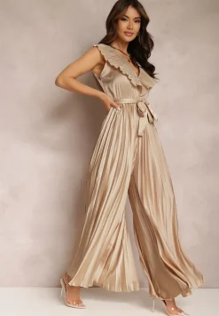 Beżowy Kombinezon Plisowany Hyrmane