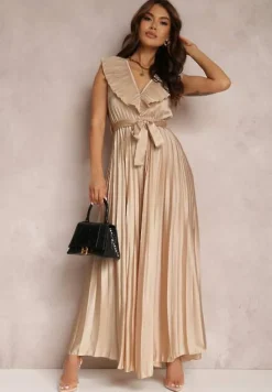 Beżowy Kombinezon Plisowany Hyrmane