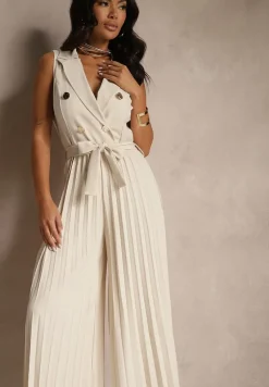 Beżowy Kombinezon Taliowany w Garniturowym Stylu z Paskiem i Guzikami Fillomia