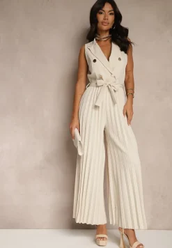 Beżowy Kombinezon Taliowany w Garniturowym Stylu z Paskiem i Guzikami Fillomia