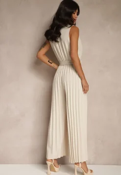 Beżowy Kombinezon Taliowany w Garniturowym Stylu z Paskiem i Guzikami Fillomia