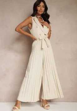 Beżowy Kombinezon Taliowany w Garniturowym Stylu z Paskiem i Guzikami Fillomia