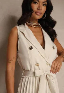 Beżowy Kombinezon Taliowany w Garniturowym Stylu z Paskiem i Guzikami Fillomia