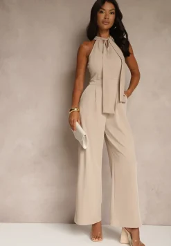 Beżowy Kombinezon Wide Leg z Ozdobnym Wiązaniem przy Szyi Silelia