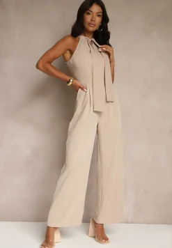 Beżowy Kombinezon Wide Leg z Ozdobnym Wiązaniem przy Szyi Silelia