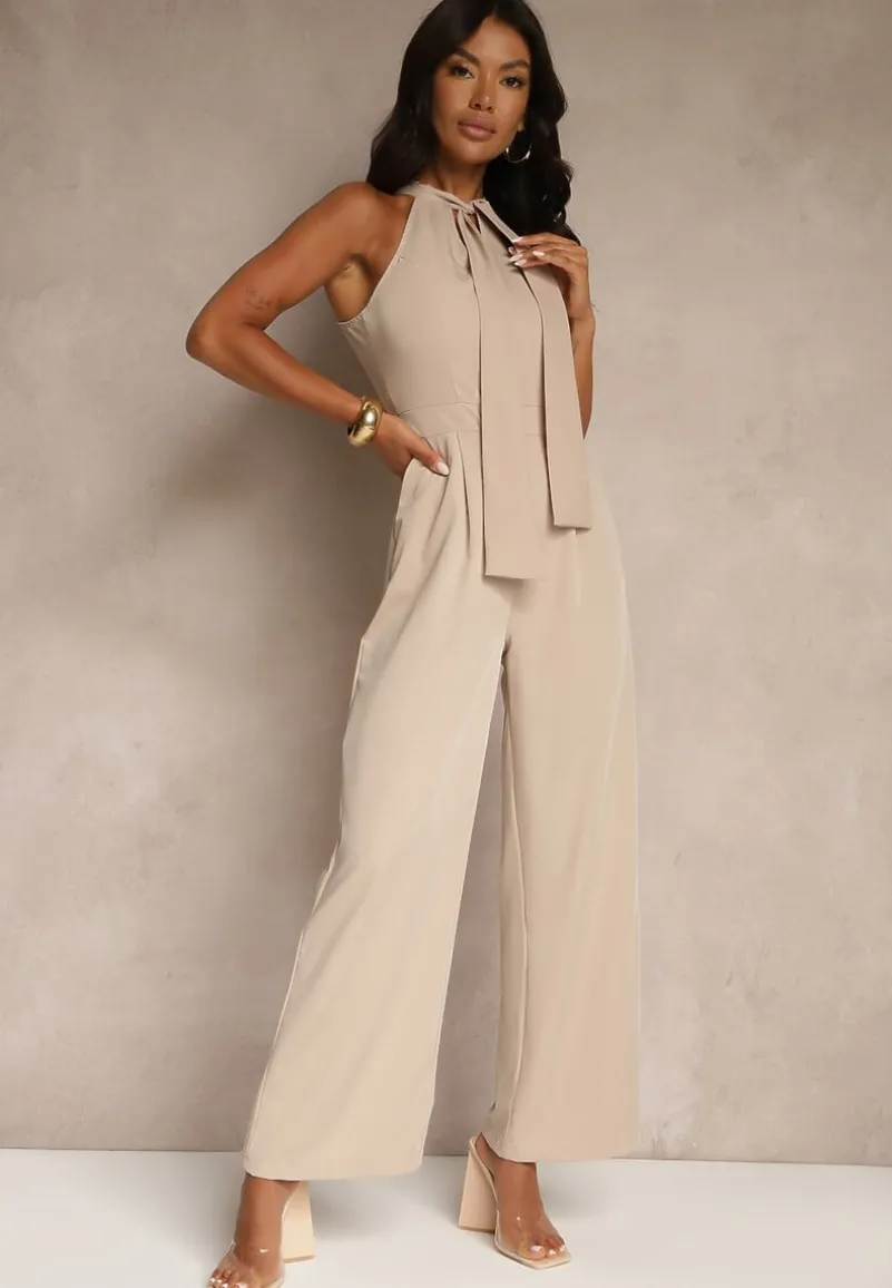 Beżowy Kombinezon Wide Leg z Ozdobnym Wiązaniem przy Szyi Silelia