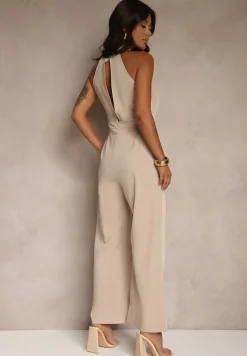 Beżowy Kombinezon Wide Leg z Ozdobnym Wiązaniem przy Szyi Silelia