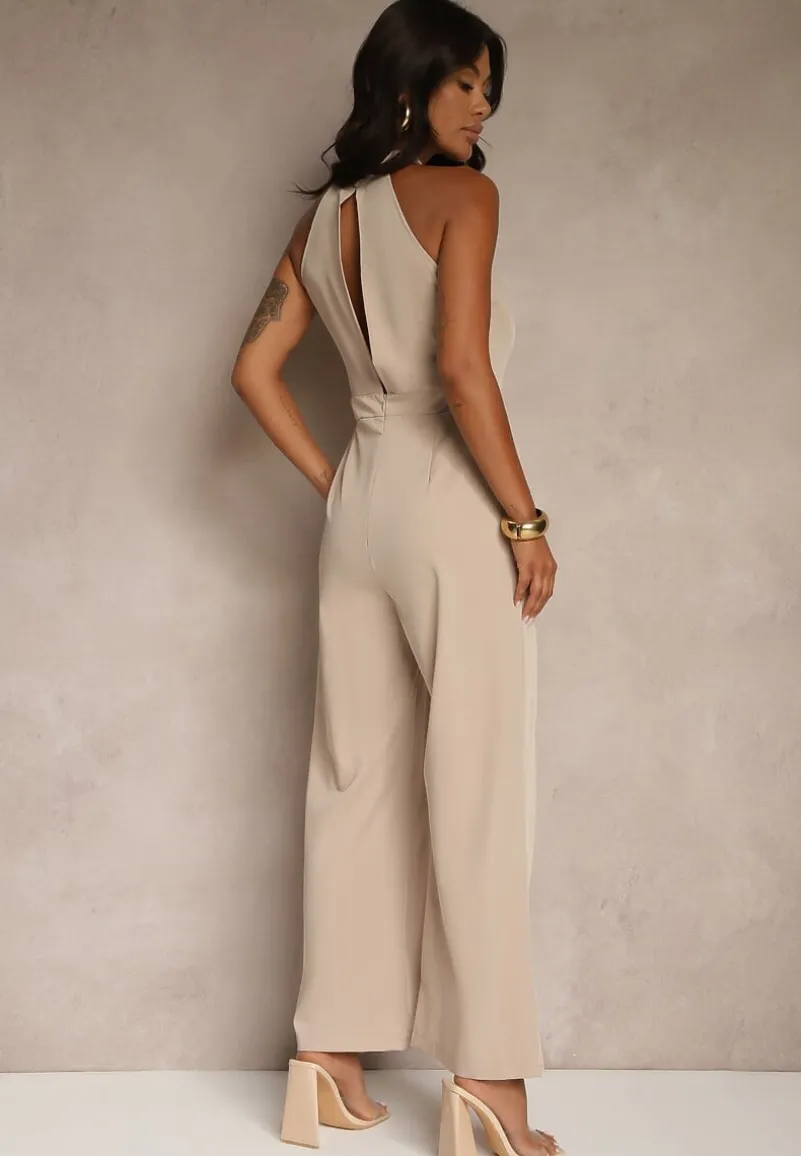 Beżowy Kombinezon Wide Leg z Ozdobnym Wiązaniem przy Szyi Silelia