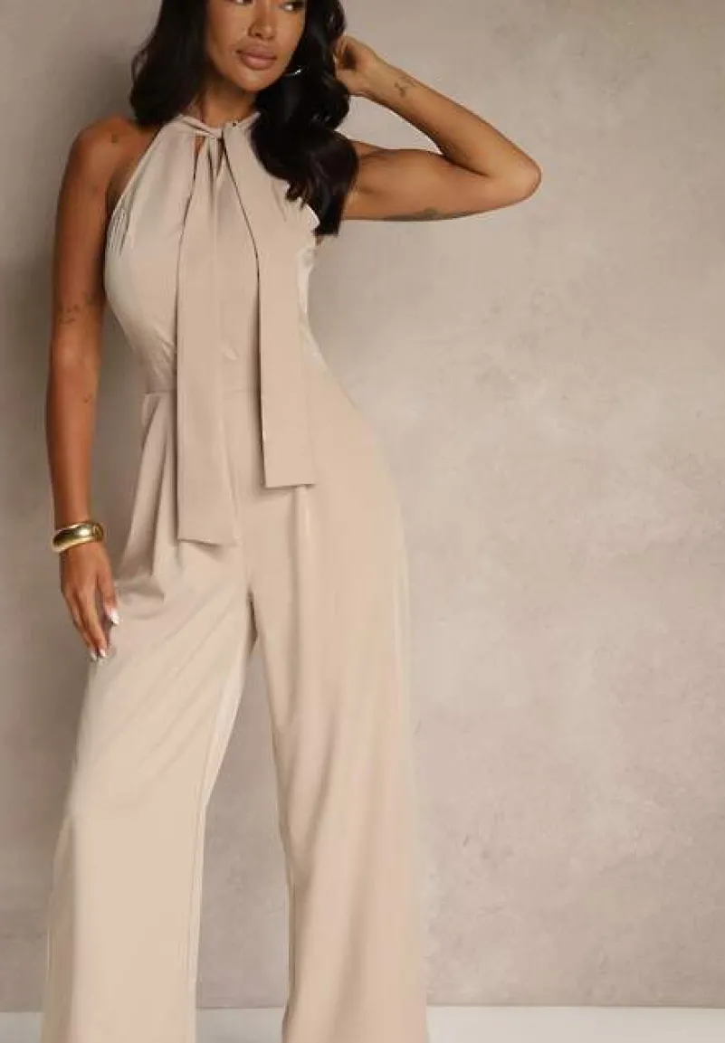 Beżowy Kombinezon Wide Leg z Ozdobnym Wiązaniem przy Szyi Silelia