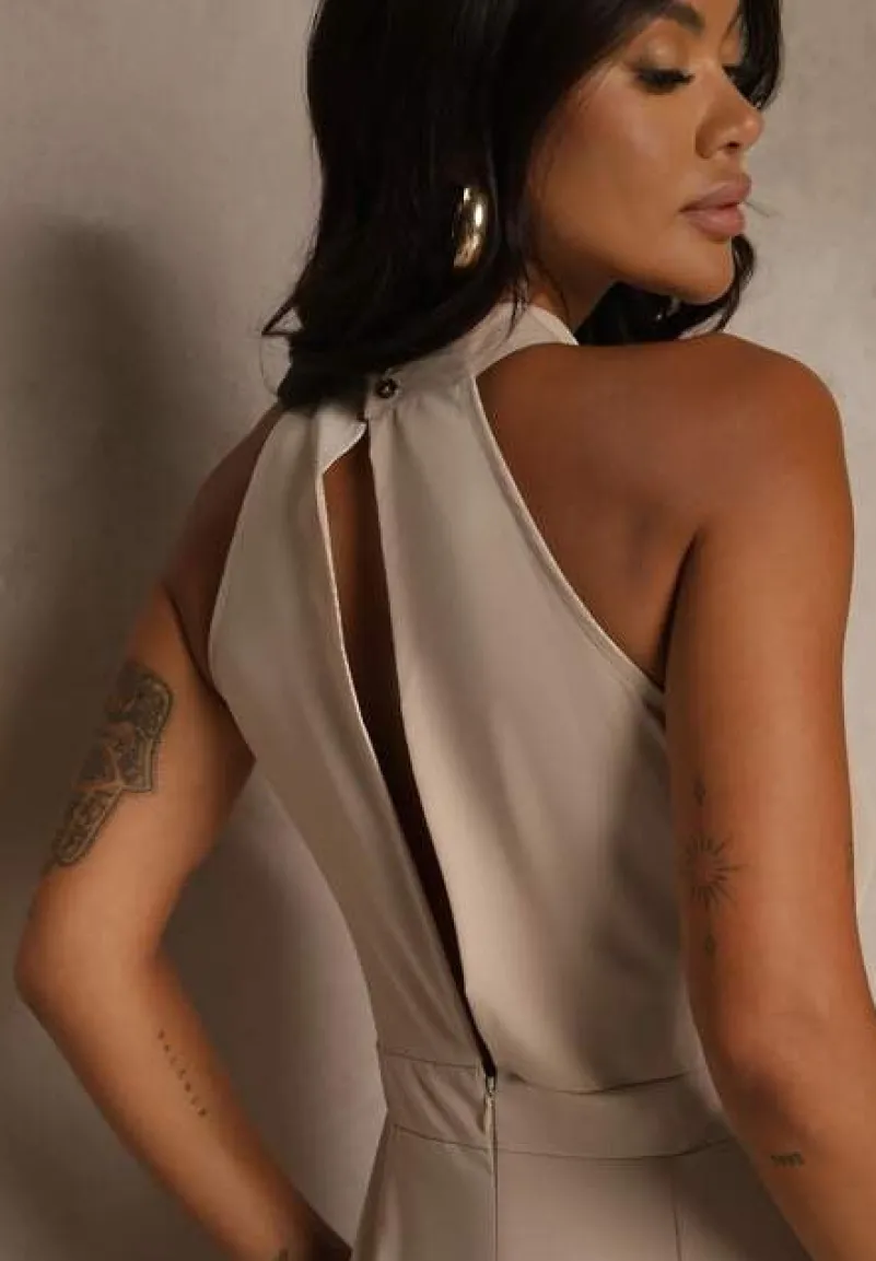 Beżowy Kombinezon Wide Leg z Ozdobnym Wiązaniem przy Szyi Silelia