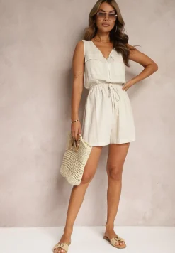 Beżowy Kombinezon z Bawełny Wykończony Gumką w Talii i Ozdobnymi Kieszeniami Uninea