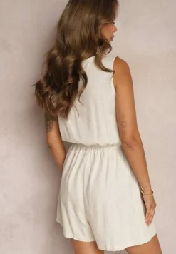 Beżowy Kombinezon z Bawełny Wykończony Gumką w Talii i Ozdobnymi Kieszeniami Uninea