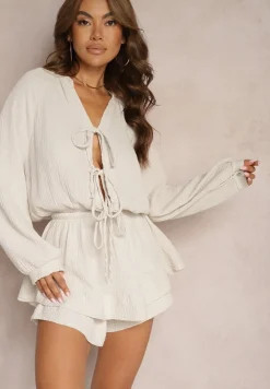 Beżowy Kombinezon z Bawełny Ozdobiony Wiązaniem i Falbankami Nalelia