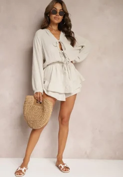 Beżowy Kombinezon z Bawełny Ozdobiony Wiązaniem i Falbankami Nalelia