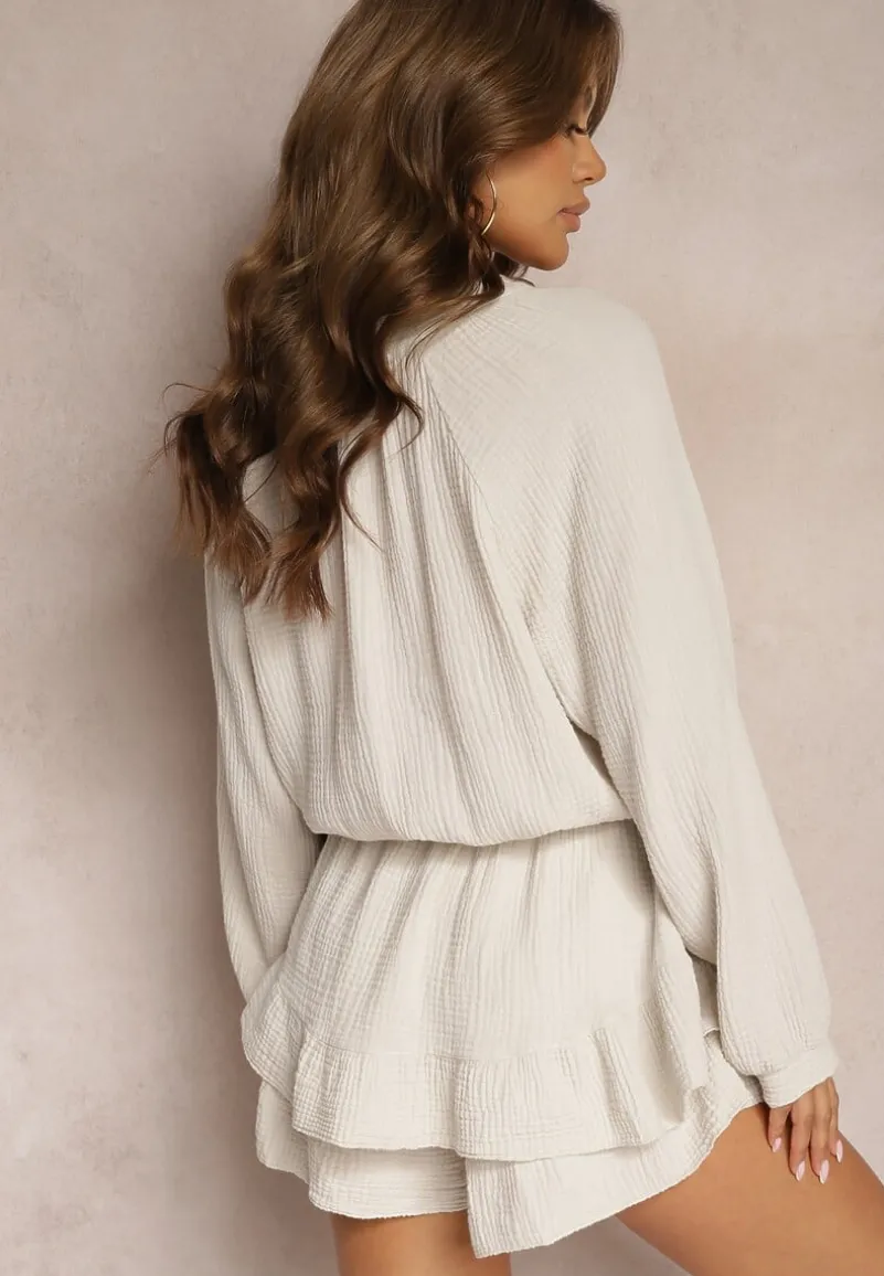 Beżowy Kombinezon z Bawełny Ozdobiony Wiązaniem i Falbankami Nalelia