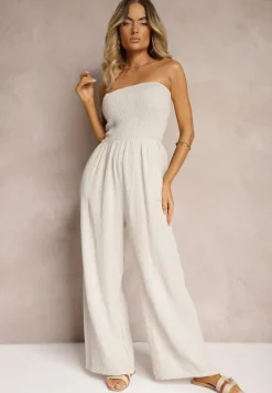 Beżowy Kombinezon z Bawełny z Długimi Nogawkami Ozdobiony Marszczoną Górą Moraena