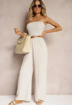 Beżowy Kombinezon z Bawełny z Długimi Nogawkami Ozdobiony Marszczoną Górą Moraena