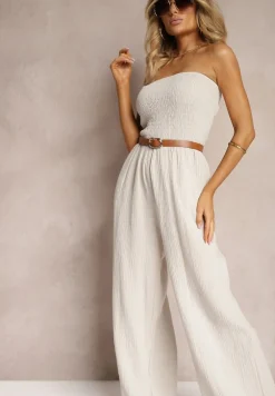 Beżowy Kombinezon z Bawełny z Długimi Nogawkami Ozdobiony Marszczoną Górą Moraena