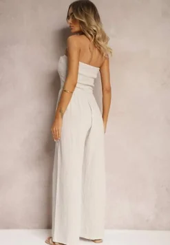 Beżowy Kombinezon z Bawełny z Długimi Nogawkami Ozdobiony Marszczoną Górą Moraena