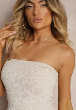 Beżowy Kombinezon z Bawełny z Długimi Nogawkami Ozdobiony Marszczoną Górą Moraena