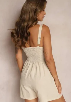 Beżowy Kombinezon z Bawełny na Ramiączkach z Regulacją Ozdobiony Paskiem w Talii Ulnea