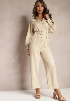 Beżowy Kombinezon z Bufiastymi Rękawami i Paskiem ze Sprzączką Falda