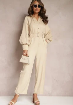 Beżowy Kombinezon z Bufiastymi Rękawami i Paskiem ze Sprzączką Falda