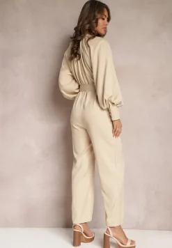 Beżowy Kombinezon z Bufiastymi Rękawami i Paskiem ze Sprzączką Falda