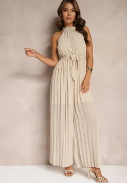 Beżowy Kombinezon z Dekoltem Typu Halter i Gumką w Talii Zolefia