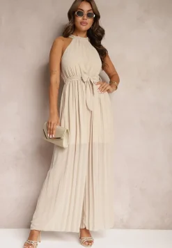 Beżowy Kombinezon z Dekoltem Typu Halter i Gumką w Talii Zolefia
