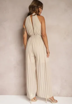 Beżowy Kombinezon z Dekoltem Typu Halter i Gumką w Talii Zolefia