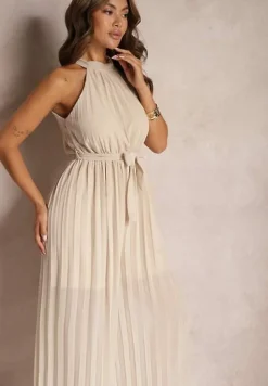 Beżowy Kombinezon z Dekoltem Typu Halter i Gumką w Talii Zolefia