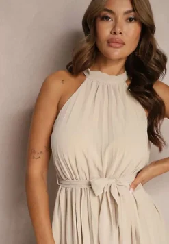 Beżowy Kombinezon z Dekoltem Typu Halter i Gumką w Talii Zolefia