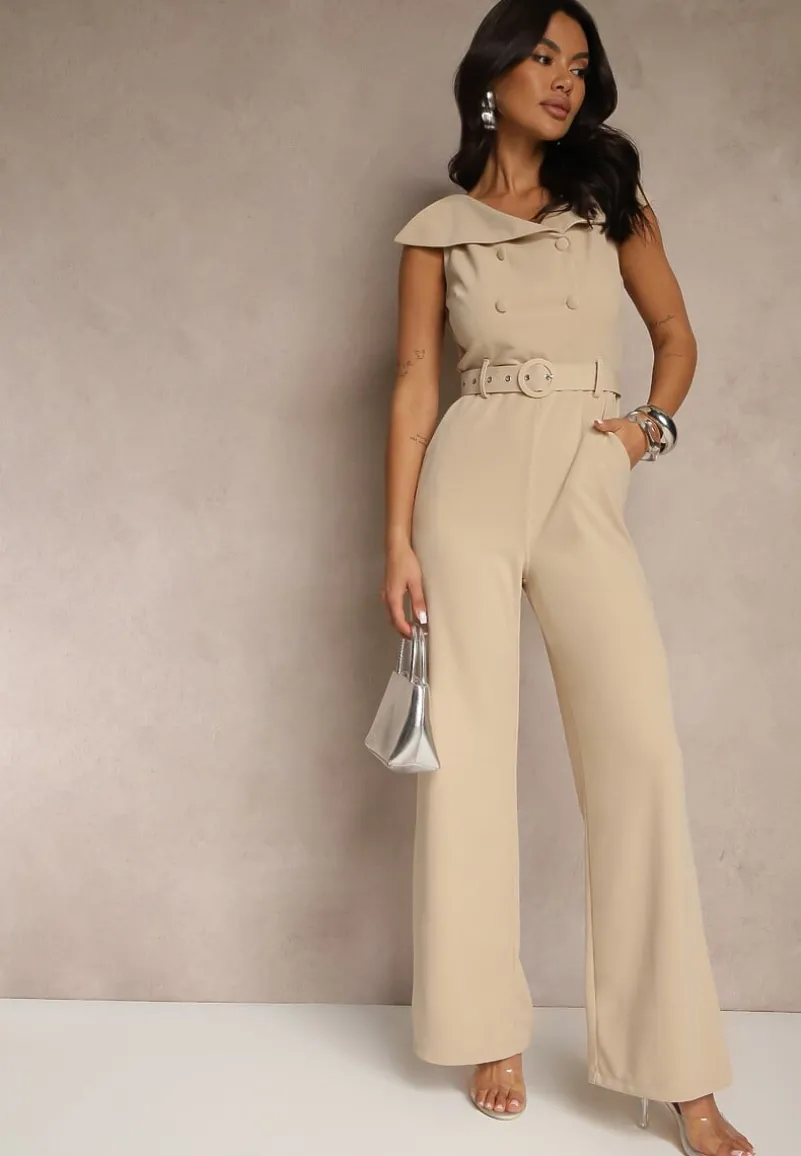 Beżowy Kombinezon z Dekoltem w Łódkę Guzikami i Paskiem Galissela