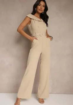 Beżowy Kombinezon z Dekoltem w Łódkę Guzikami i Paskiem Galissela