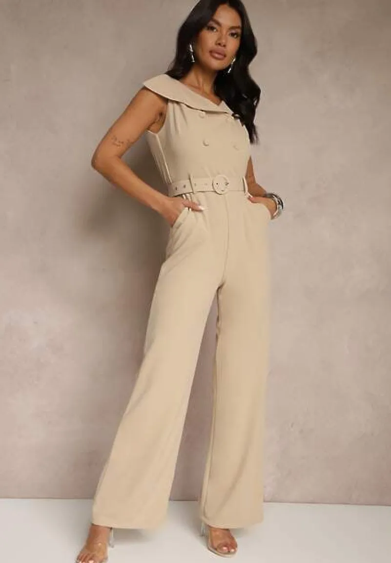 Beżowy Kombinezon z Dekoltem w Łódkę Guzikami i Paskiem Galissela