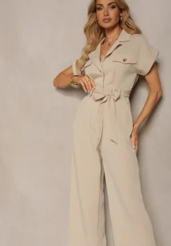 Beżowy Kombinezon z Długimi Nogawkami i Krótkim Rękawem z Guzikami i Paskiem Jolmeria