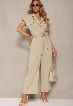 Beżowy Kombinezon z Długimi Nogawkami i Krótkim Rękawem z Guzikami i Paskiem Jolmeria