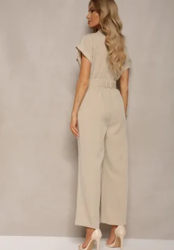 Beżowy Kombinezon z Długimi Nogawkami i Krótkim Rękawem z Guzikami i Paskiem Jolmeria