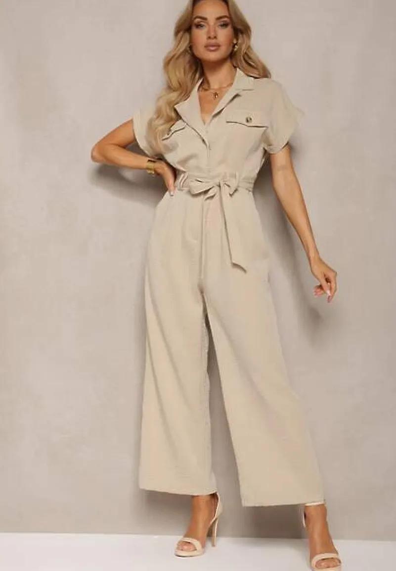 Beżowy Kombinezon z Długimi Nogawkami i Krótkim Rękawem z Guzikami i Paskiem Jolmeria