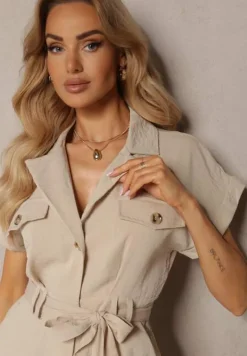 Beżowy Kombinezon z Długimi Nogawkami i Krótkim Rękawem z Guzikami i Paskiem Jolmeria