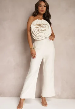 Beżowy Kombinezon z Dużym Naszytym Kwiatem bez Rękawów Usemia