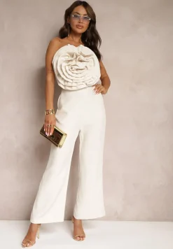 Beżowy Kombinezon z Dużym Naszytym Kwiatem bez Rękawów Usemia