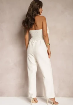 Beżowy Kombinezon z Dużym Naszytym Kwiatem bez Rękawów Usemia