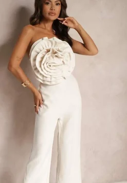 Beżowy Kombinezon z Dużym Naszytym Kwiatem bez Rękawów Usemia