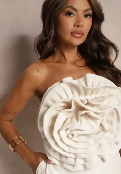 Beżowy Kombinezon z Dużym Naszytym Kwiatem bez Rękawów Usemia