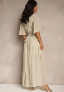 Beżowy Kombinezon z Kopertowym Dekoltem i Gumką w Pasie Zdobiony Plisami Amadle