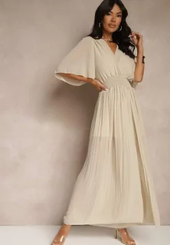 Beżowy Kombinezon z Kopertowym Dekoltem i Gumką w Pasie Zdobiony Plisami Amadle